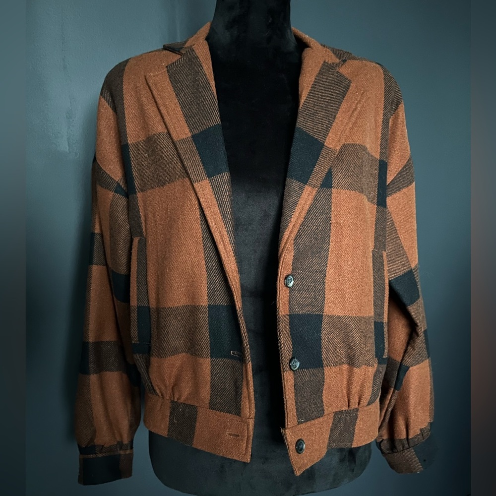 Vintage Fall Jacket COS COB Orange Buffalo Plaid Wool Blend Sz 8